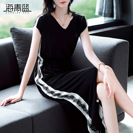 海青蓝2018夏季新款女装气质绑带收腰拼接开叉中长款连衣裙03608商品大图