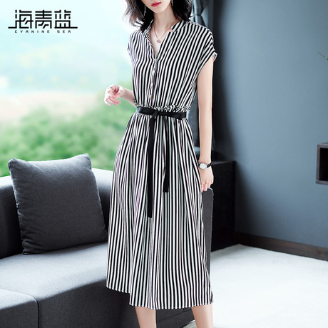 海青蓝2018夏季新款女v领短袖绑带中长款黑白条纹衬衫连衣裙03625商品大图