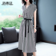 海青蓝2018夏季新款女v领短袖绑带中长款黑白条纹衬衫连衣裙03625图片