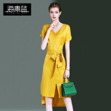 海青蓝2018夏季新款女装气质绑带收腰修身开叉中长款连衣裙03667图片
