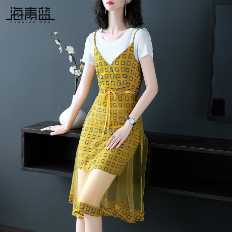 海青蓝2018夏季新款女装时尚短袖网纱拼接吊带假两件连衣裙02937商品大图