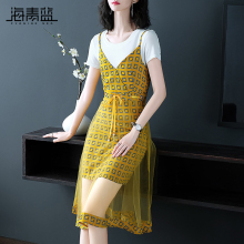 海青蓝2018夏季新款女装时尚短袖网纱拼接吊带假两件连衣裙02937图片