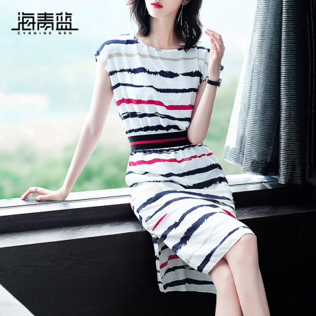 海青蓝2018夏季新款女装圆领时尚修身束腰条纹气质连衣裙潮02948商品大图