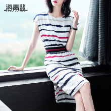 海青蓝2018夏季新款女装圆领时尚修身束腰条纹气质连衣裙潮02948图片