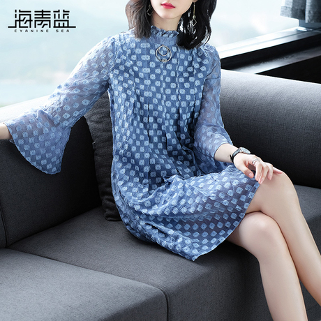 海青蓝2018夏季新款女装宽松休闲时尚气质喇叭袖雪纺连衣裙02965商品大图