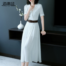 海青蓝2018夏季新款女装时尚简约V领短袖气质收腰大摆连衣裙02926图片