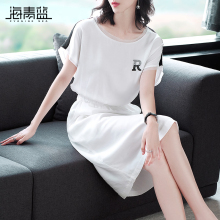 海青蓝裙子夏女2018新款束腰白色气质休闲露背连衣裙女装潮02820图片
