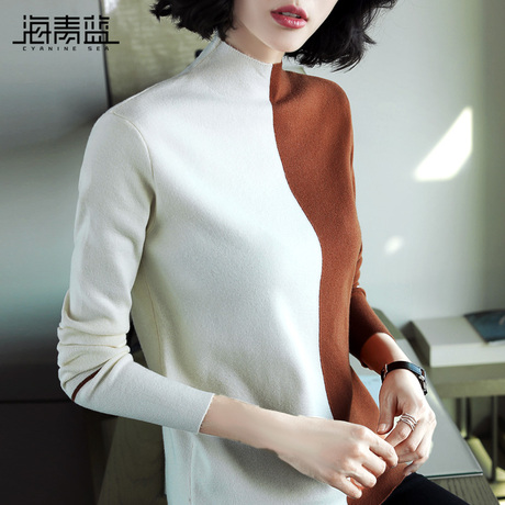 海青蓝秋冬毛衣女2018新款欧美时尚撞色气质长袖宽松针织衫06836商品大图