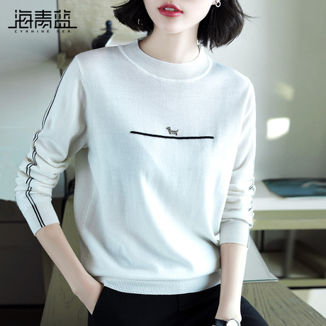 海青蓝秋冬毛衣女2018新款时尚套头圆领宽松百搭长袖针织衫06830商品大图