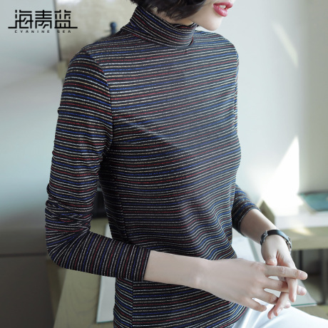 海青蓝2018秋季新款时尚长袖高领条纹修身显瘦休闲打底衫女06824商品大图