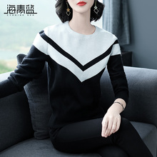 海青蓝2018秋季新款女装时尚圆领长袖宽松显瘦休闲毛针织衫C06927图片