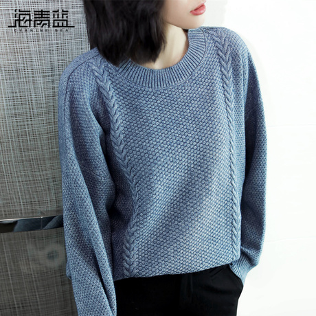 海青蓝2018秋冬新款女圆领套头开叉毛衣休闲宽松长袖针织衫08995商品大图