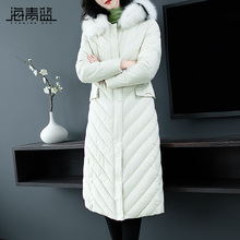 海青蓝冬装女2018新款时尚宽松长袖加厚貉子毛领长款外套潮09102图片