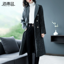 海青蓝2018秋季新款时尚西装领长袖宽松显瘦气质中长外套女09149图片