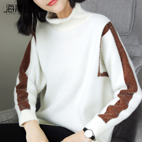 海青蓝2018秋装新款女装高领套头慵懒风毛衣长袖条纹针织衫09225商品大图