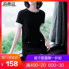 海青蓝2018秋季新款女装时尚圆领短袖宽松蕾丝拼接a字连衣裙04675图片