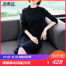 海青蓝2018秋装新款女装黑色长袖时尚拼接宽松a字条纹连衣裙04183图片