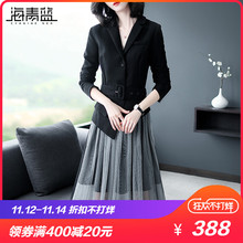 海青蓝2018秋装新款女时尚黑色长袖系带拼接百褶束腰连衣裙05348图片