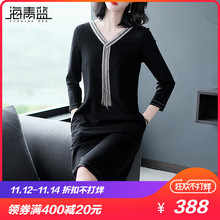海青蓝2018秋装新款女装时尚黑色V领长袖拼接流苏针织连衣裙05347图片