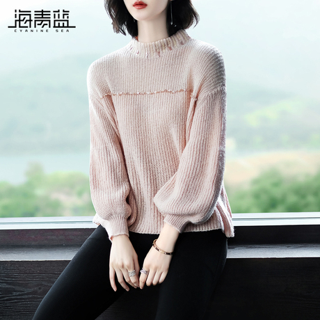 海青蓝2018冬季新款时尚圆领灯笼袖宽松显瘦百搭套头毛衣女09445商品大图