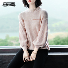 海青蓝2018冬季新款时尚圆领灯笼袖宽松显瘦百搭套头毛衣女09445图片