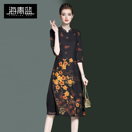 海青蓝2018春装新款女装七分袖气质印花收腰修身时尚连衣裙00349商品大图