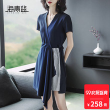 海青蓝2018夏季新款欧美潮流洋气不规则拼接高腰连衣裙女装02650图片