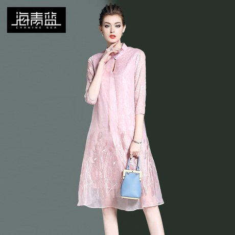 海青蓝2018春装新款女装七分袖气质网纱时尚绣花宽松连衣裙00222商品大图
