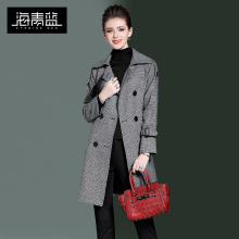 海青蓝2017秋季女装新款欧美时尚气质长袖格纹半开领中长外套3149图片