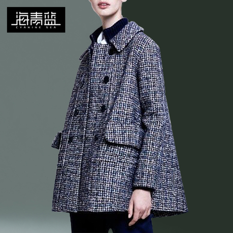 海青蓝2018秋冬新款女气质长袖宽松大码女装双排扣格子外套09372商品大图