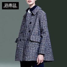 海青蓝2018秋冬新款女气质长袖宽松大码女装双排扣格子外套09372图片