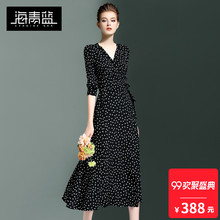 海青蓝2018秋季新款女装时尚V领个性高腰波点中长款连衣裙子01236图片