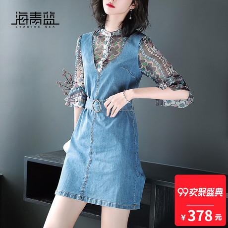 海青蓝夏装2018新款女荷叶边印花腰带牛仔拼接假两件连衣裙02643商品大图