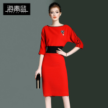 海青蓝2018春季新款女装欧美时尚钉珠收腰气质七分袖连衣裙00480图片