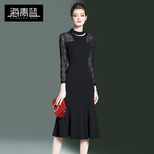 海青蓝2018春装新款女装欧美时尚黑色收腰显瘦蕾丝A字连衣裙00035图片