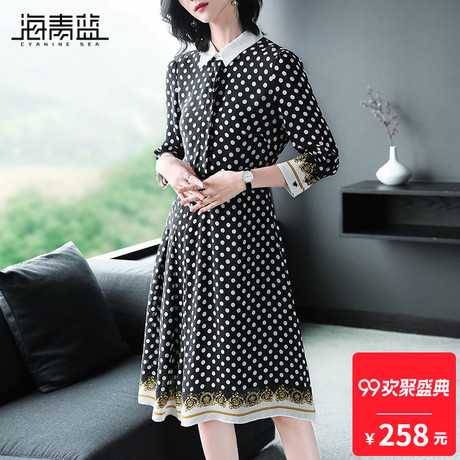 海青蓝2018夏季新款女装欧美时尚POLO领收腰显瘦复古连衣裙02451商品大图