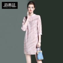 海青蓝2018春装新款女装圆领七分袖时尚收腰修身显瘦连衣裙00123图片