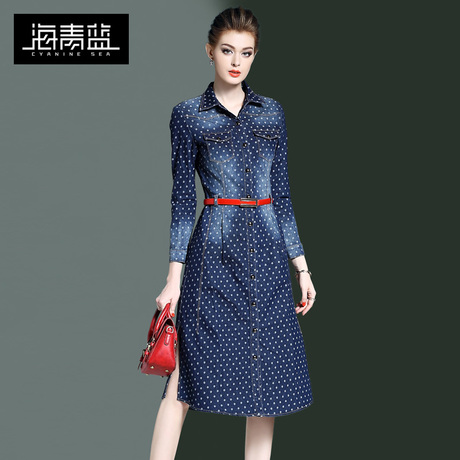 海青蓝2018春装新款女装长袖波点牛仔气质收腰时尚A字连衣裙00166商品大图
