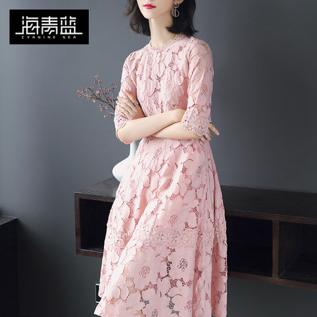海青蓝2018夏季新款气质蕾丝镂空五分袖收腰修身a字连衣裙女00897商品大图
