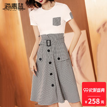 海青蓝2018夏季新款女装气质短袖个性高腰时尚拼接连衣裙子01972图片