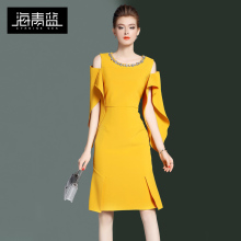 海青蓝2017秋季新款女装欧美个性圆领修身显瘦名媛气质连衣裙2677图片