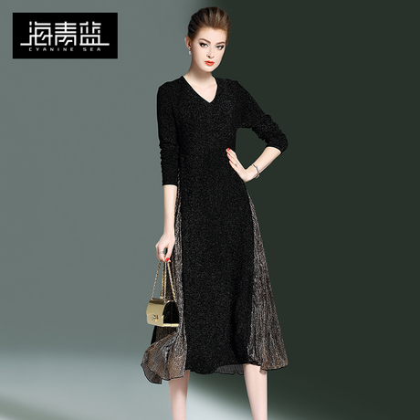 海青蓝2017秋季女装新款时尚针织亮丝网纱拼接V领长袖连衣裙3709商品大图