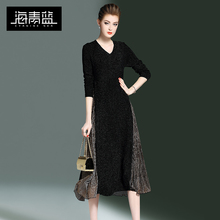 海青蓝2017秋季女装新款时尚针织亮丝网纱拼接V领长袖连衣裙3709图片