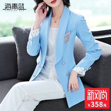 海青蓝2018秋装新款女装气质长袖修身拼接双排扣小西装外套04798图片