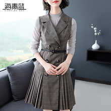 海青蓝2018秋装新款女时尚无袖拼接收腰修身中长款格子外套04971图片