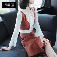 海青蓝2018夏装新款气质圆领长袖拼接鱼尾修身包臀连衣裙女01621图片