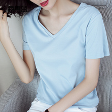 海青蓝夏季女装2018新款女V领修身显瘦短袖T恤纯色休闲体恤02369图片