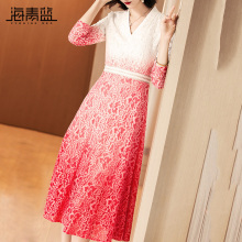 海青蓝2018夏季新款时尚V领高腰连衣裙子修身仙女中长款女装01996图片