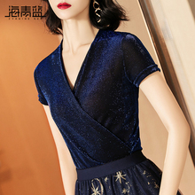 海青蓝2018夏装新款时尚V领上衣T恤气质百搭个性修身短袖女01894图片