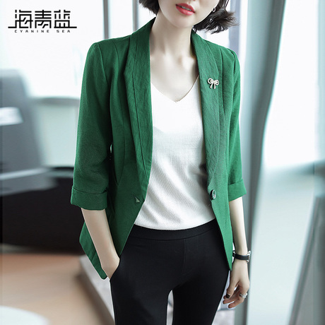 海青蓝2018秋装新款女时尚修身显瘦气质百搭绿色小西装外套05156商品大图